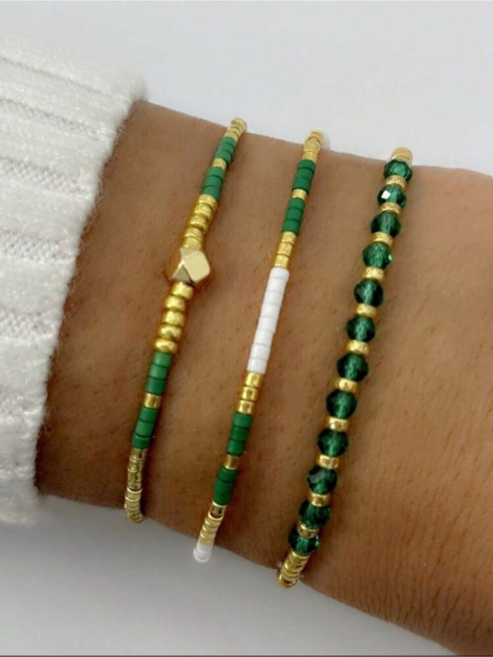 Green and Gold Beaded Bracelet Set - 3pcs